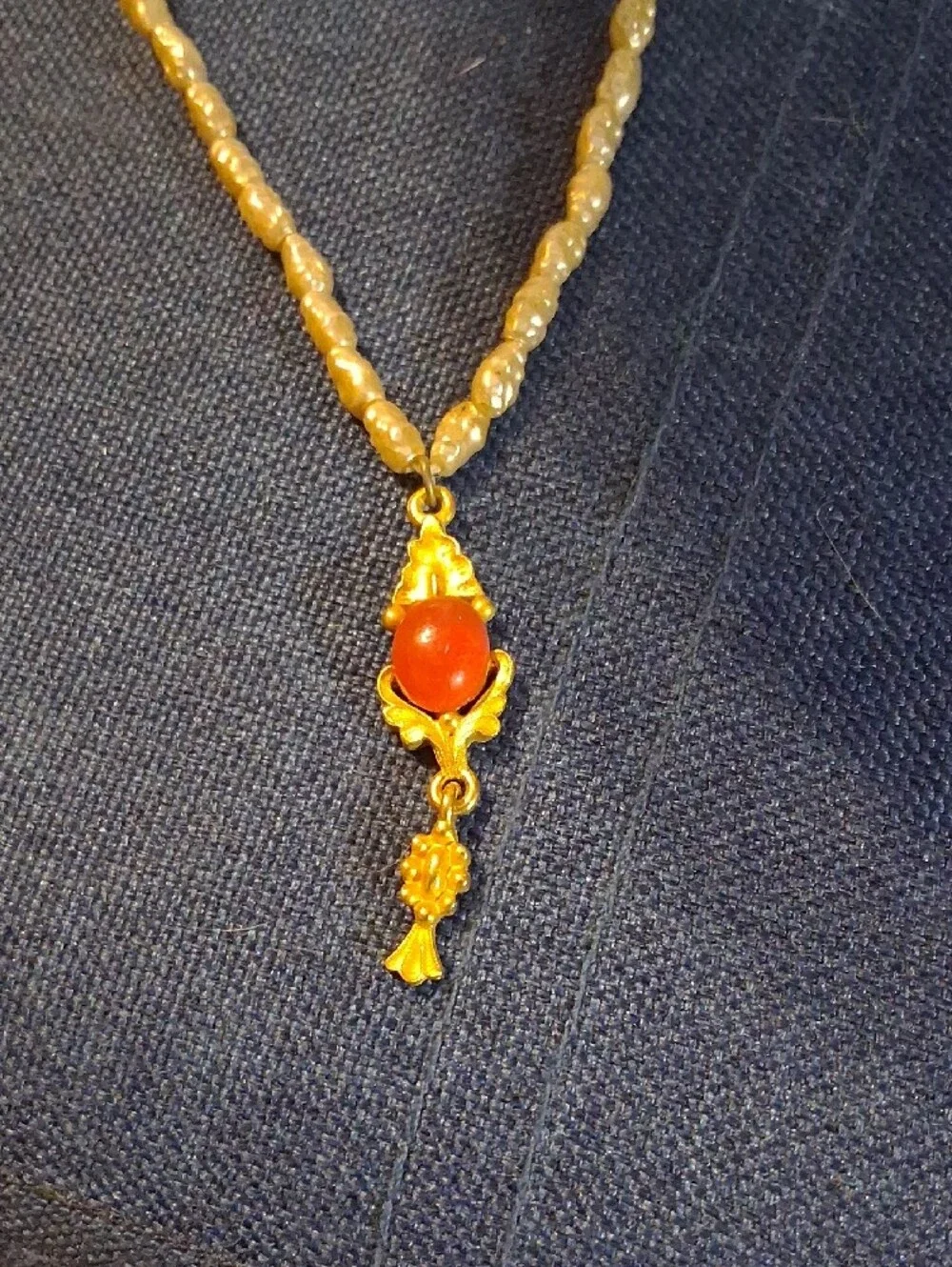Vintage Gold-Tone Beaded Necklace with Coral Pendant